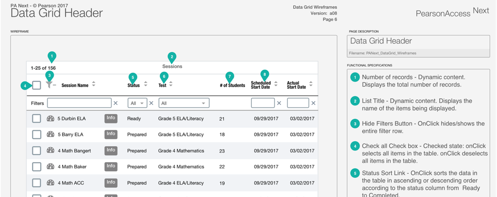 PA Next data grid wireframe