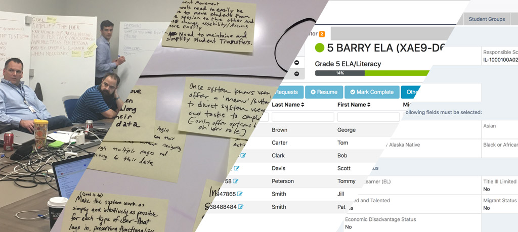Mash-up of a photo from the Design Sprint, a photo of the sticky board, a photo of the Design Sprint prototype and a final comp