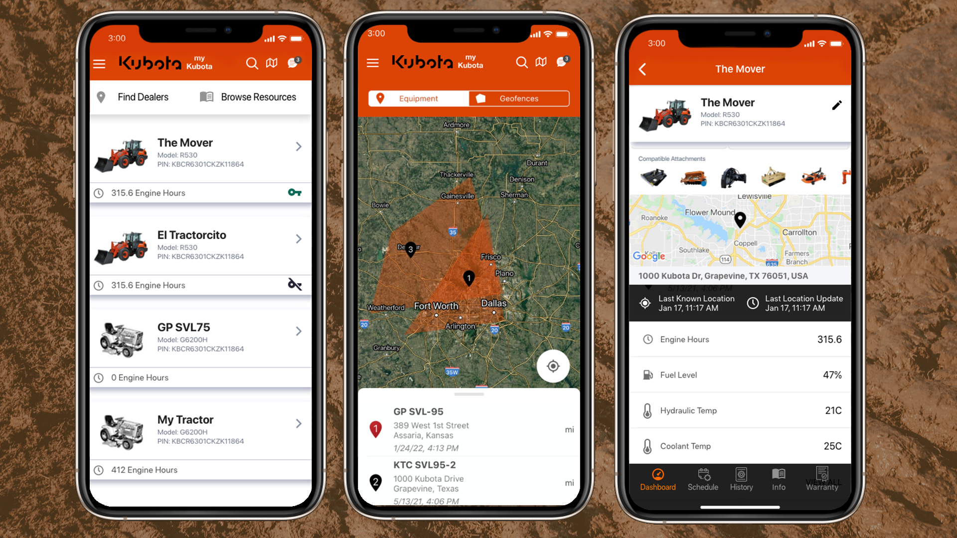 Mock-ups of the telematic feature of the MyKubota app
