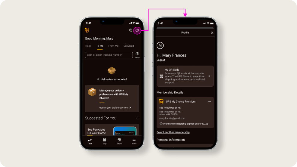 Mockup showing new user menu button and the button to launch it